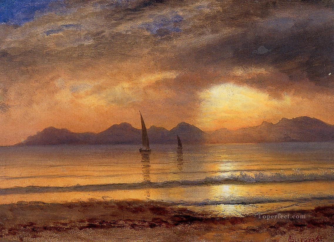 Puesta de sol sobre un lago de montaña Albert Bierstadt Pintura al óleo